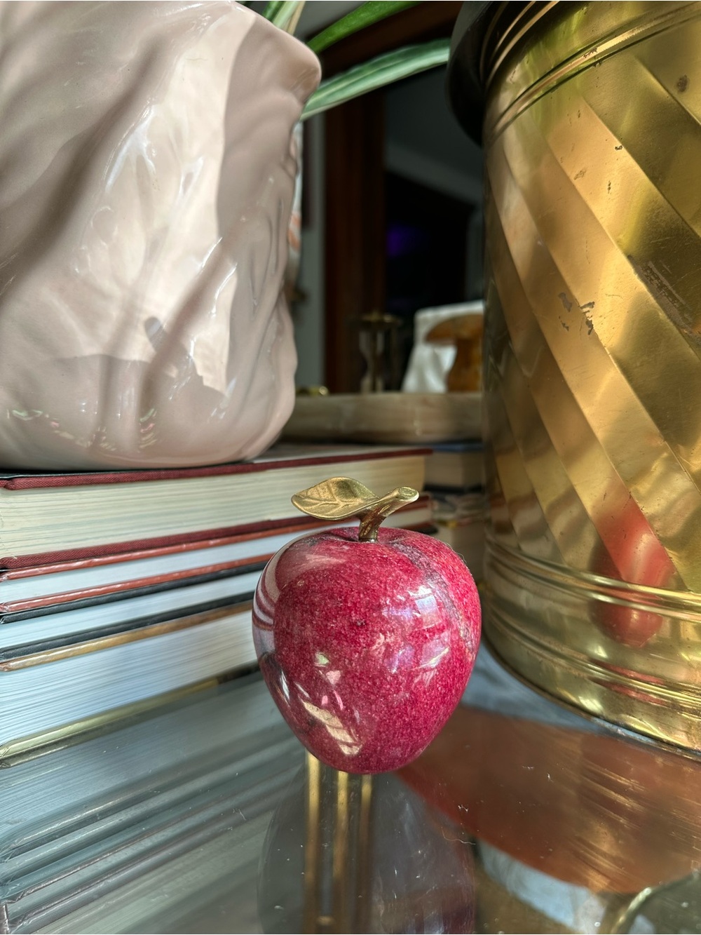 Vintage Decorative Red Marble Glossy Apple with Solid Brass Leaf